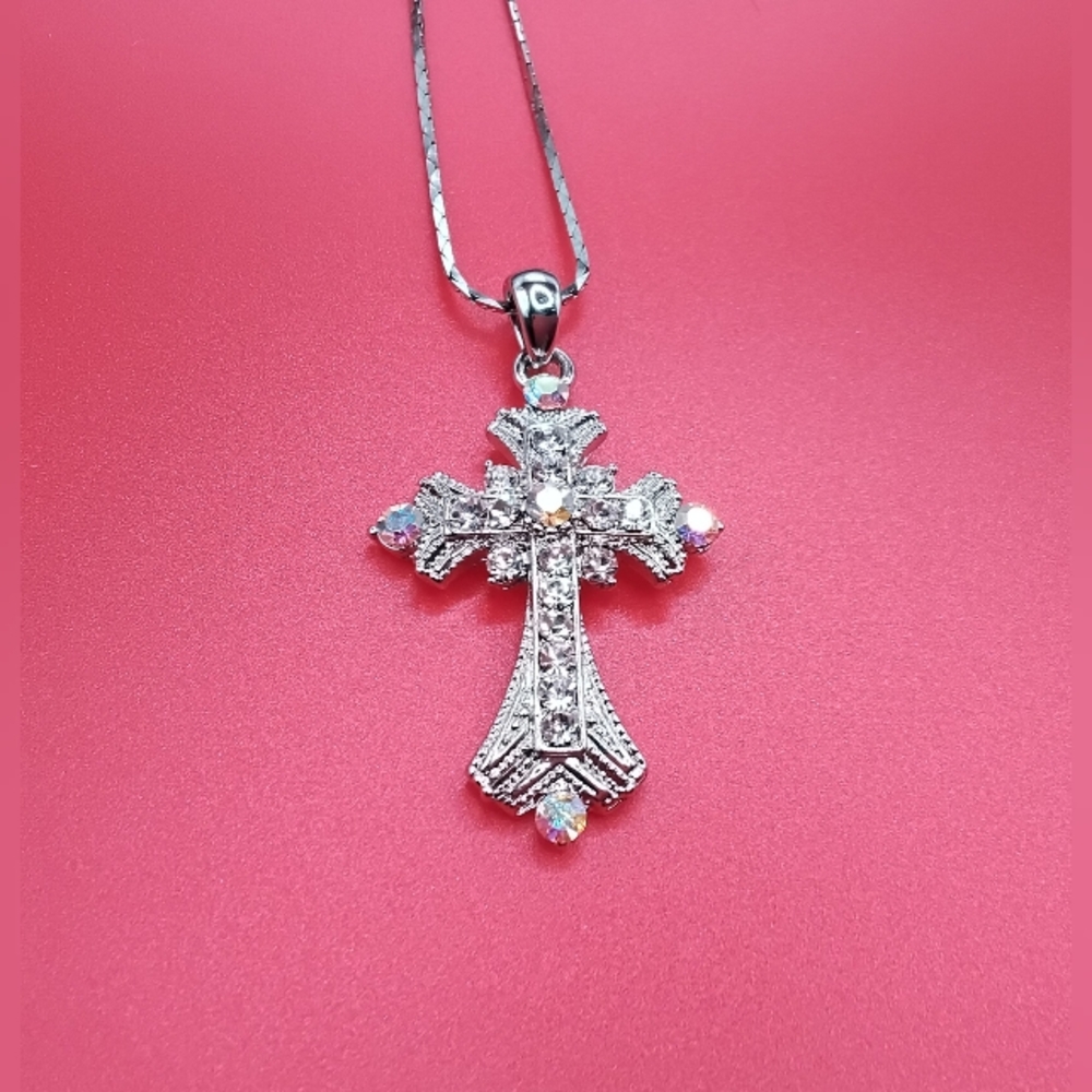 Silver Tone Clear Rhinestone Cross Necklace